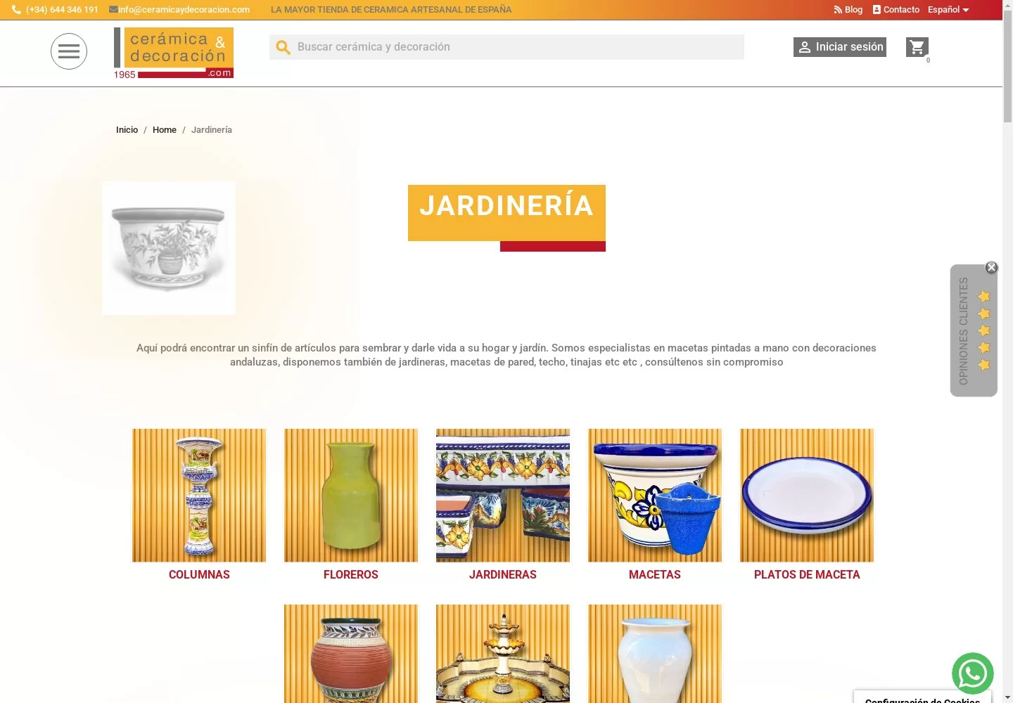 Catálogo de jardinería de Cerámica y Decoración, con categorías y productos de cerámica