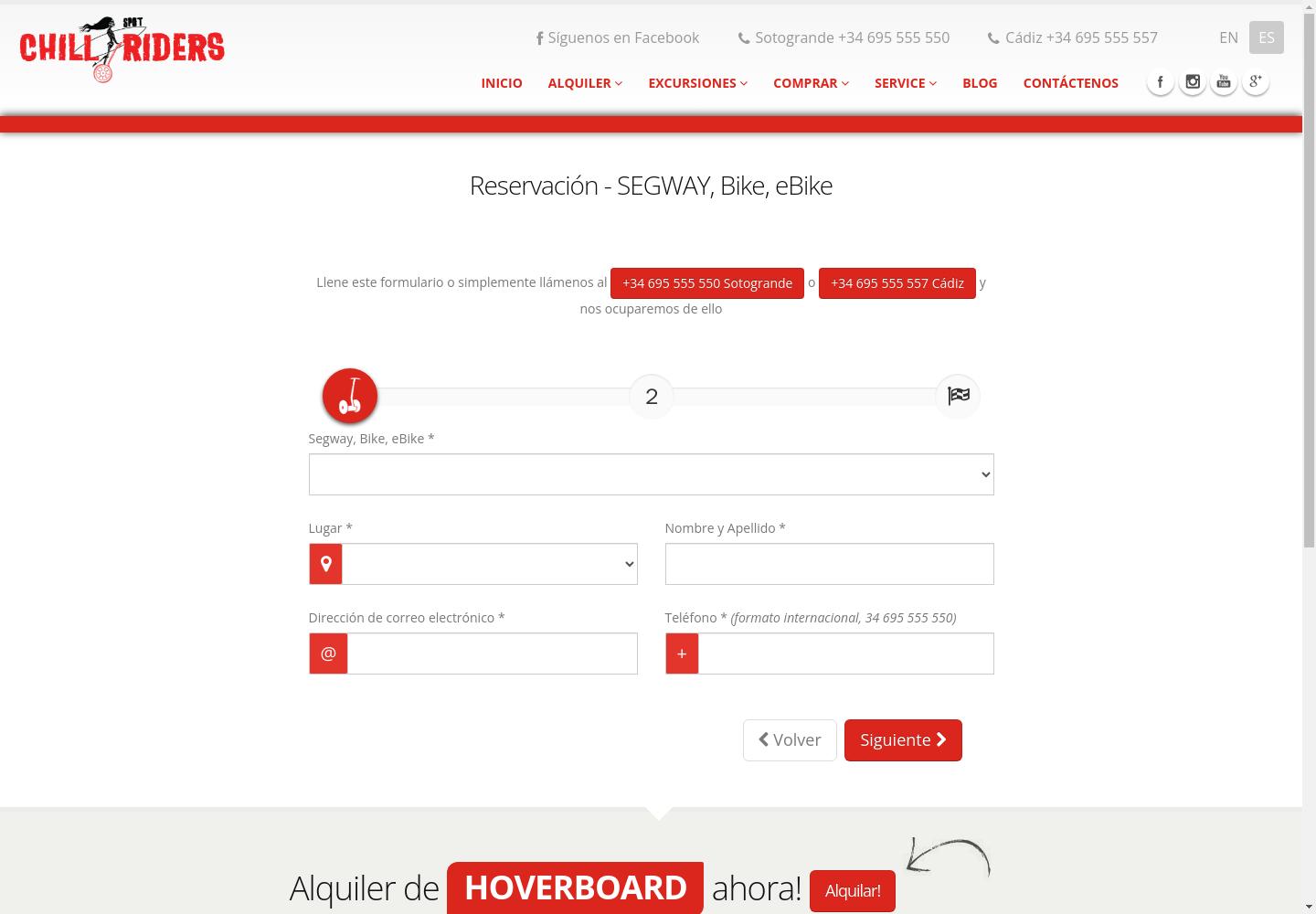Formulario histórico de Chillriders con selección de vehículo, lugar y datos de contacto, sin información personal