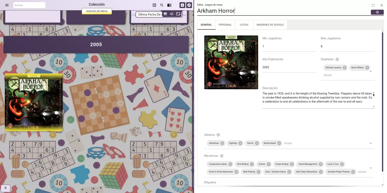 Ficha de Arkham Horror con rango de 1 a 8 jugadores, diseñadores y mecánicas de juego