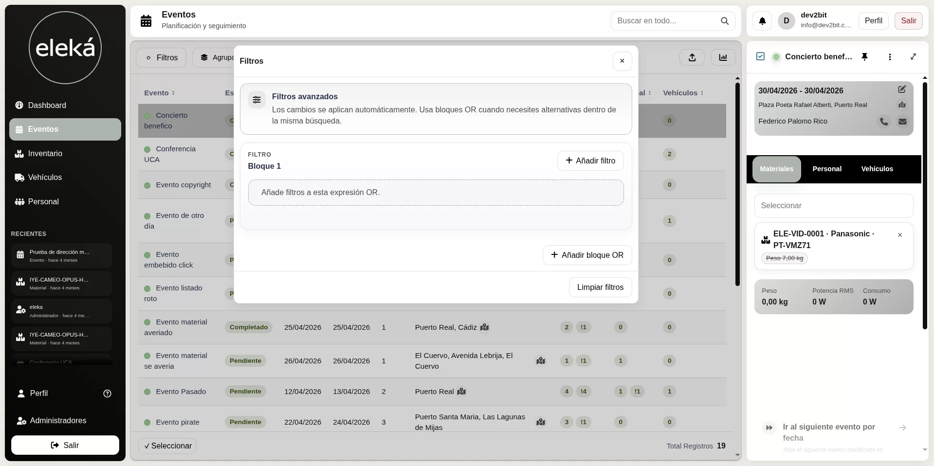 Listado del ERP Eleka con estados, fechas y recursos, y ventana de filtros avanzados por bloques