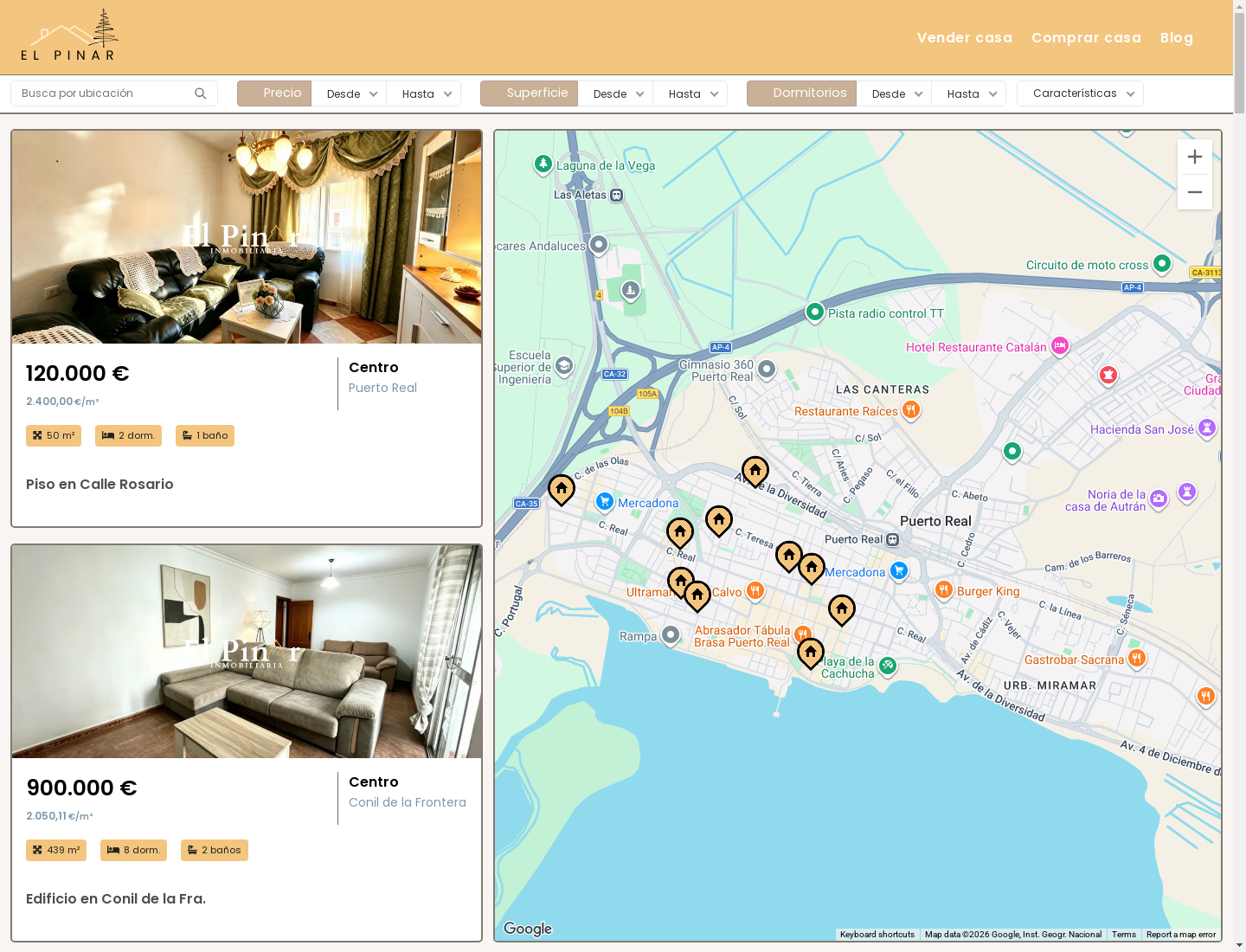 Buscador de El Pinar con listado de propiedades y mapa de Google con marcadores