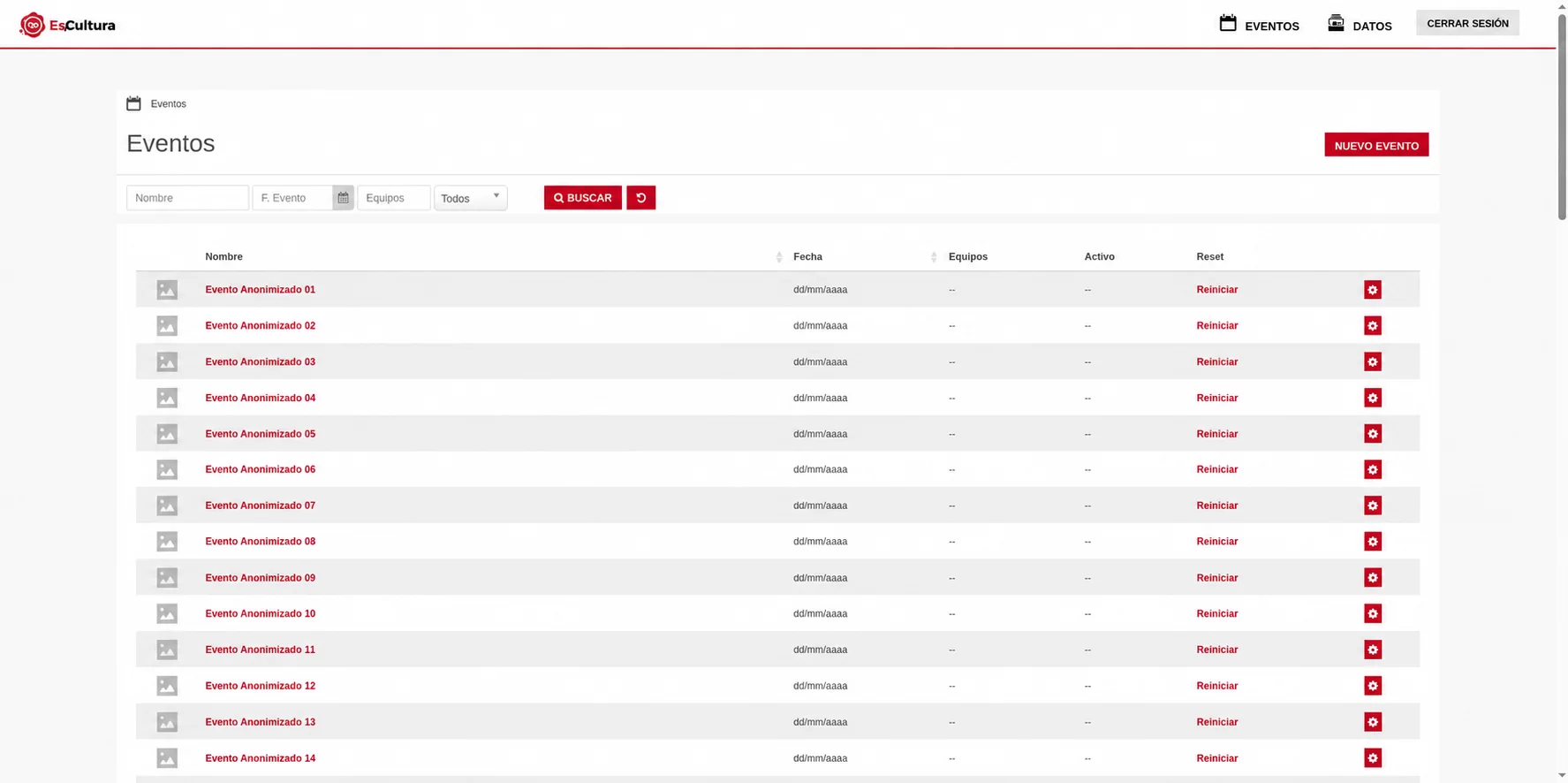 Backoffice de Es.Cultura con filtros por evento, fecha y equipos, y un listado anonimizado de eventos