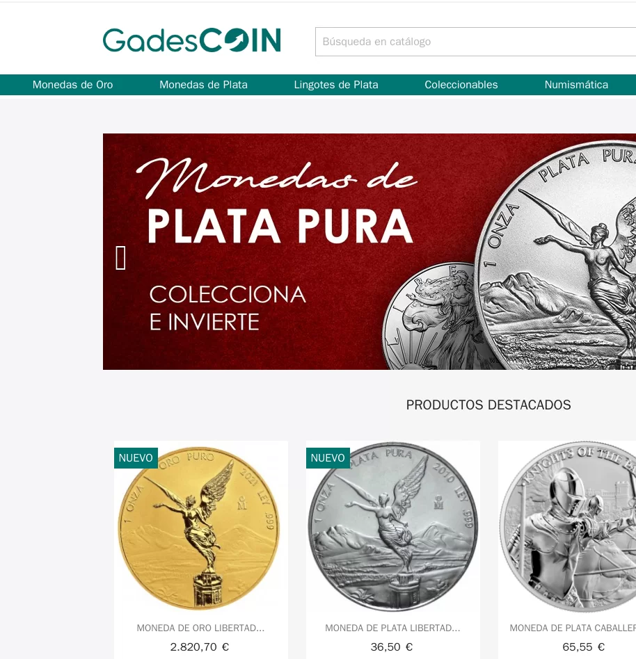Tienda Gadescoin: categorías, banner y catálogo de monedas de colección