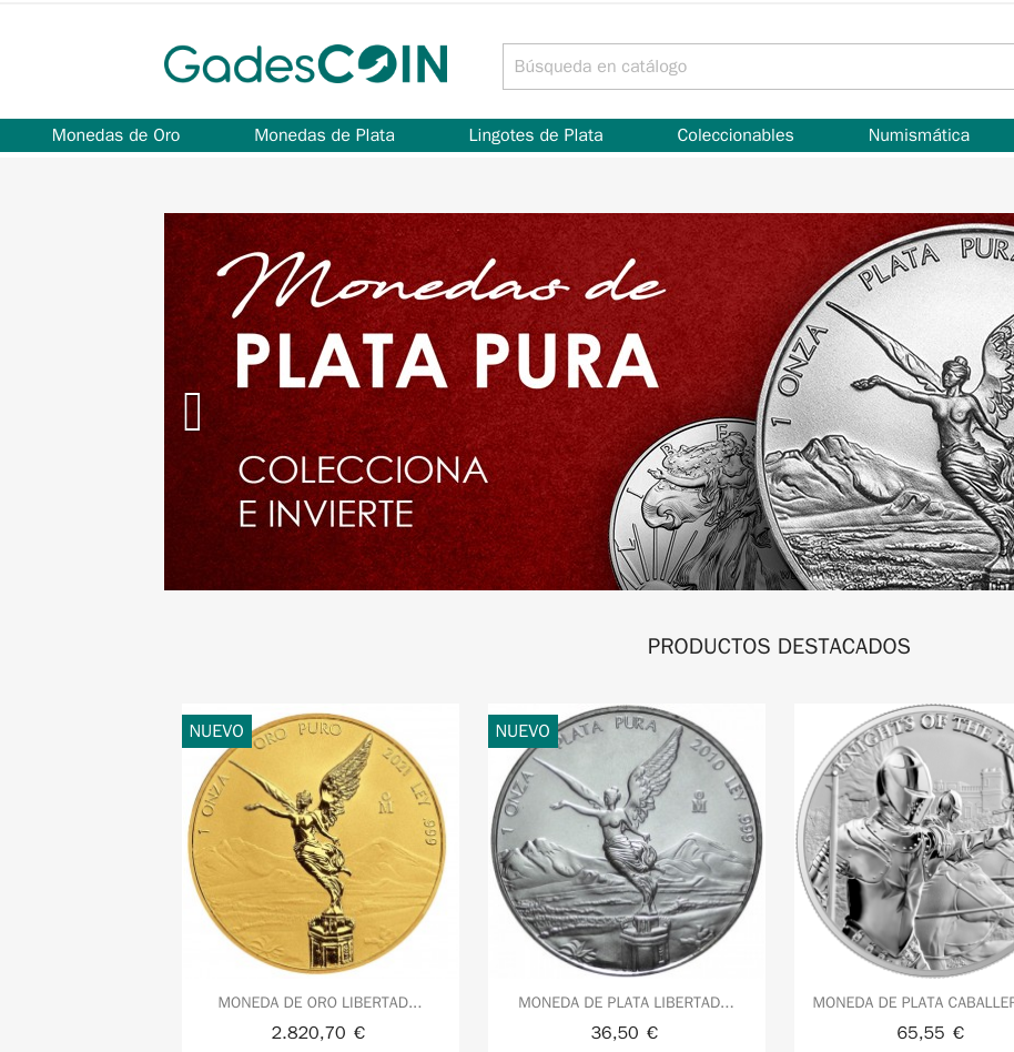 Tienda Gadescoin: categorías, banner y catálogo de monedas de colección