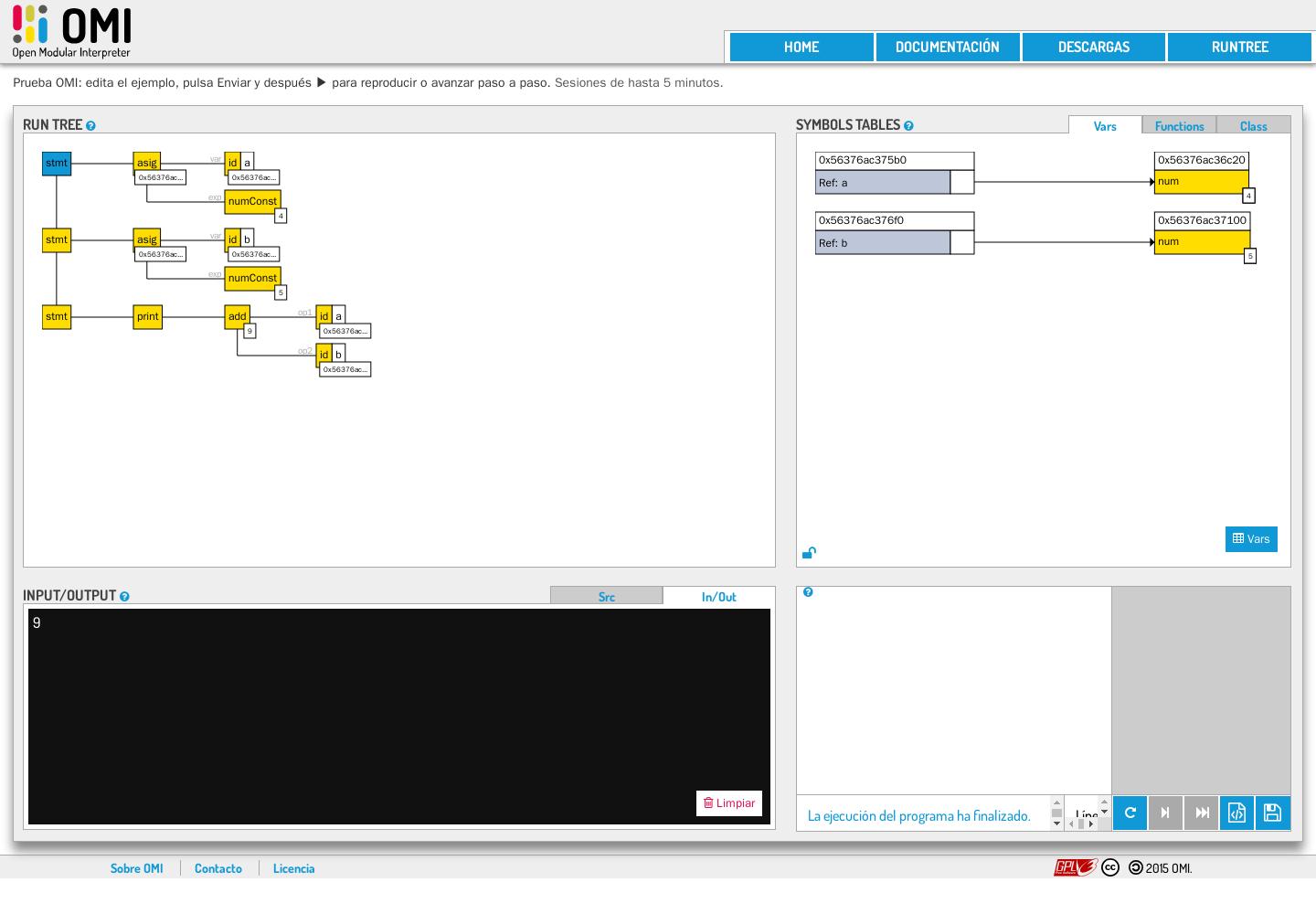 RunTree ejecutando a igual a 4 y b igual a 5: árbol de instrucciones, tablas de variables y resultado 9 en la consola