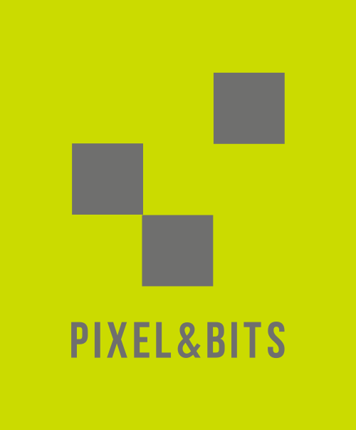 Logotipo original de Pixel&Bits: tres cuadrados grises sobre fondo verde lima