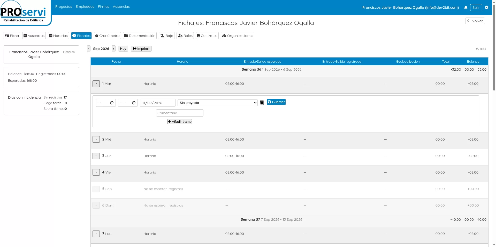Vista de fichajes de Proservi con horario esperado, registros de jornada, balance y formulario de tramos asociados a un proyecto