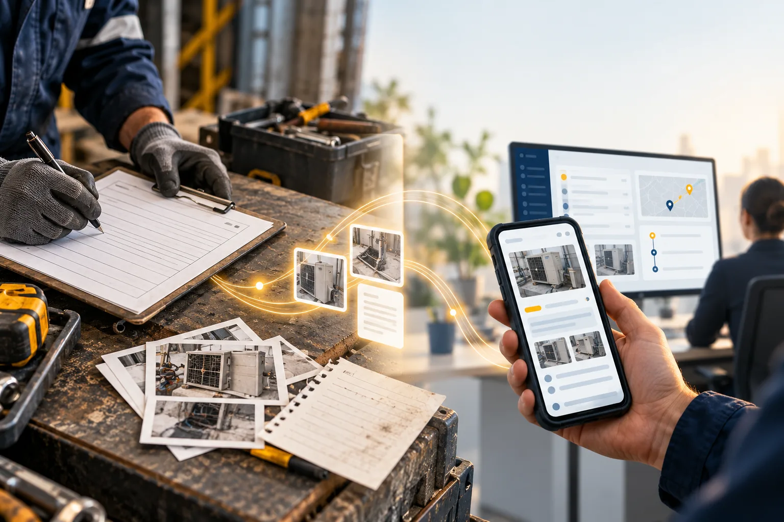 Un técnico rellena un parte en papel mientras un móvil y una pantalla representan el flujo digital