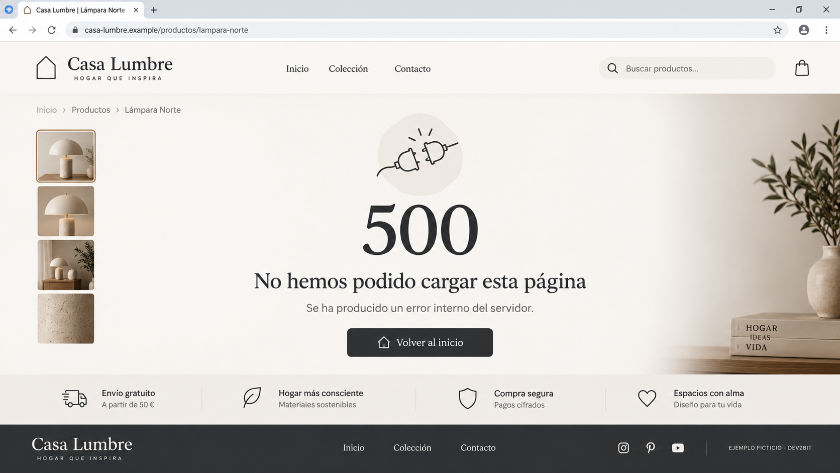 Ejemplo ficticio de una ficha de producto con un error 500 en Casa Lumbre.