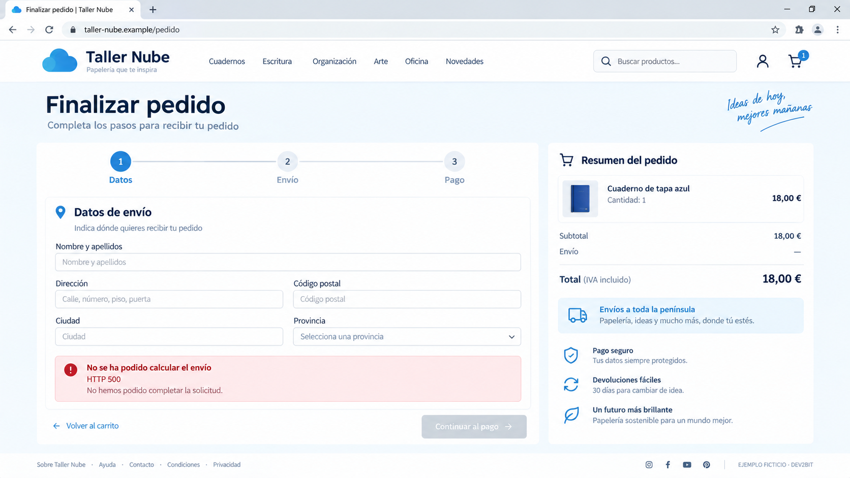 Ejemplo ficticio de un checkout bloqueado por un error HTTP 500 al calcular el envío.