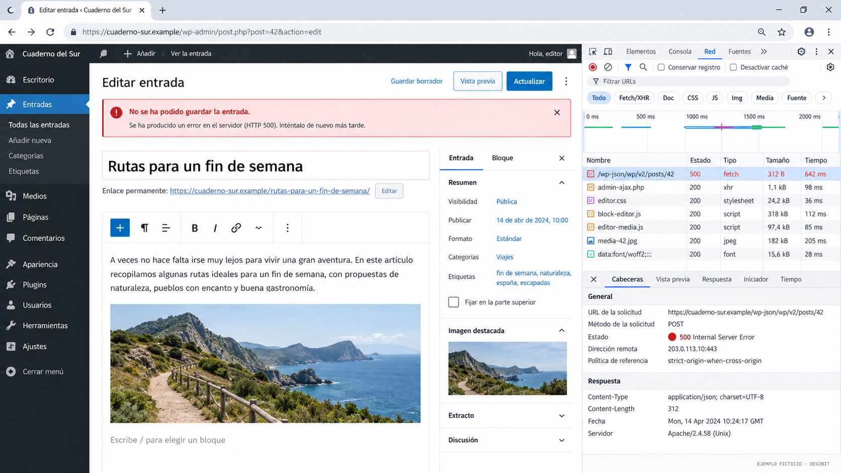 Ejemplo ficticio de un editor WordPress con un fallo al guardar y una petición HTTP 500 en el panel Red.