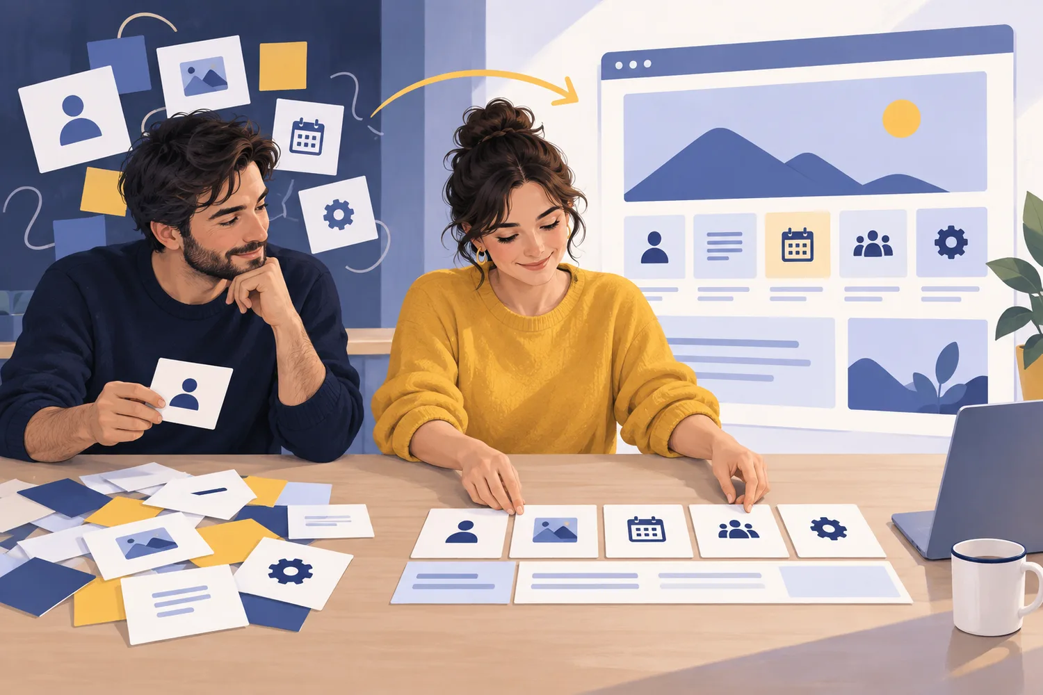Ilustración de dos personas organizando las necesidades de una web antes de diseñarla