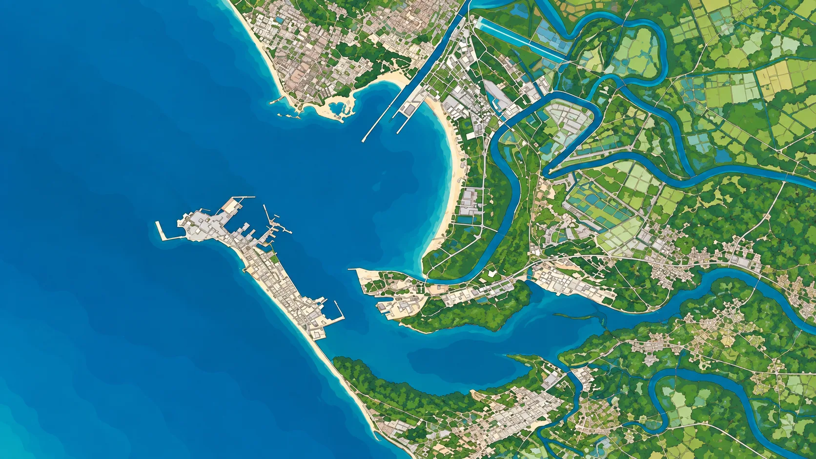 Ilustración conceptual de la bahía de Cádiz vista desde arriba